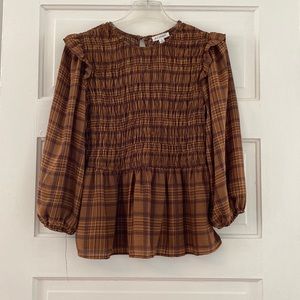 blu pepper Tan Plaid Top with Puff Sleeves and Ruched Bodice and Peplum